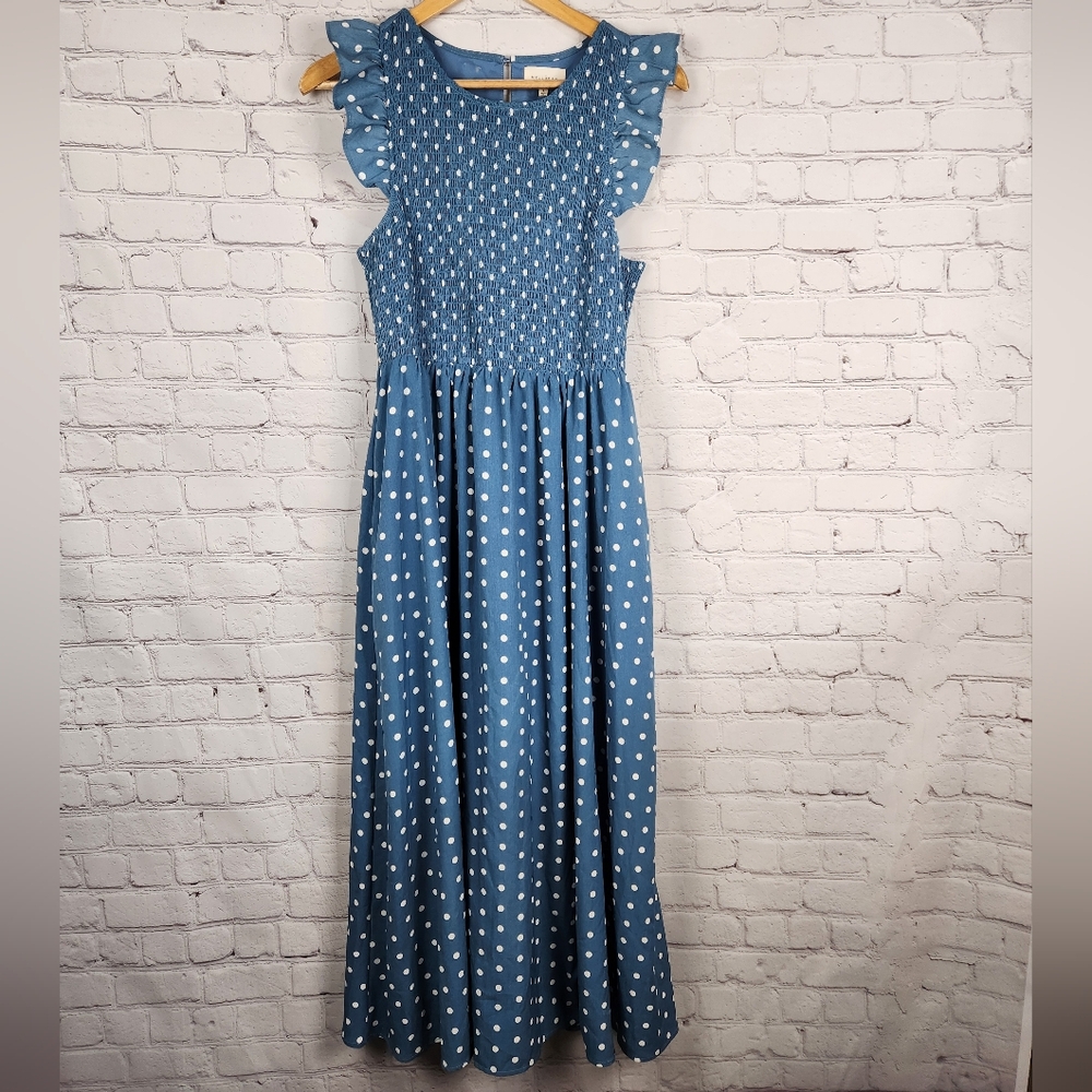 Melloday blue and white polka dot midi dress